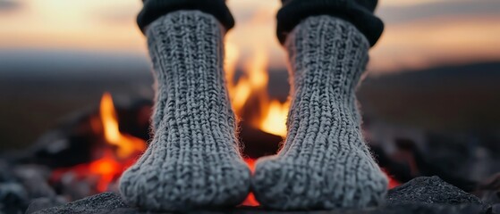 Knitted socks by the fire, warm and comforting beachside moment