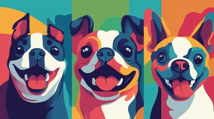 Fototapeta premium Delightful compilation of simplified dog face illustrations ranging from tiny yorkies to large saint bernards, modern minimalist vector style with bold defining features, playful expressions with