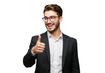 A happy businessman in a suit and glasses gives a thumbs up, isolated on a transparent background