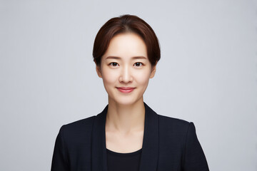 Professional woman in a dark suit portrait with a neutral backdrop