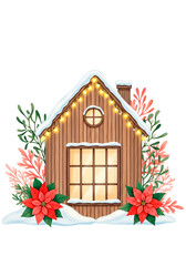 Cozy Watercolor Cabin with Lights and Poinsettias for Festive Winter Holiday Decor