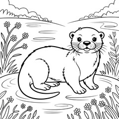 A black and white otter illustration vector style coloring page 