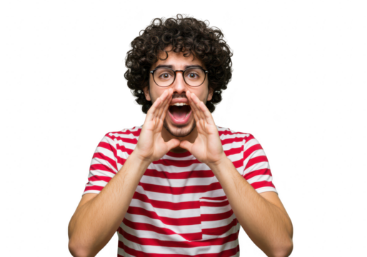 A man with curly hair and glasses shouts loudly with his hands cupped around his mouth isolated on transparent background
