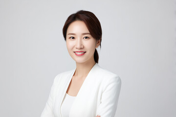 Smiling woman in a white blazer posing for a headshot