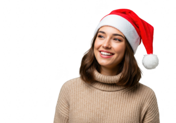Happy young woman wearing a santa hat and a warm sweater, smiling brightly, isolated on transparent background