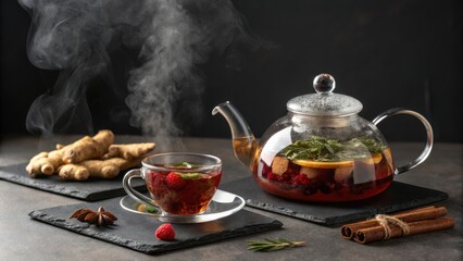 Steaming hot herbal tea with ginger and berries