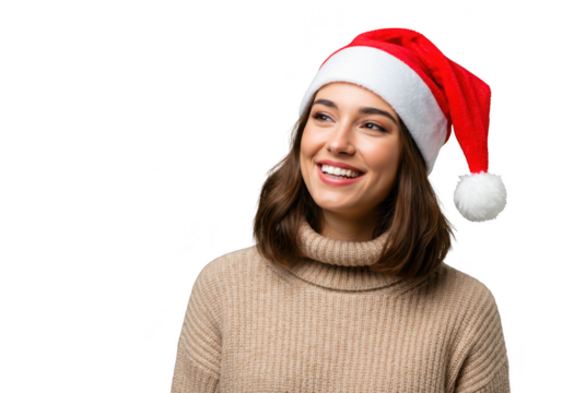 Happy young woman wearing a santa hat and a warm sweater, smiling brightly, isolated on transparent background