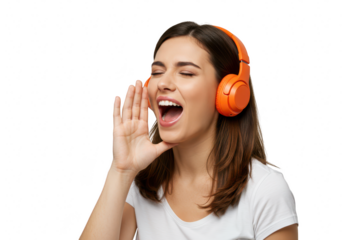 A woman wearing orange headphones, singing loudly with her hand cupped around her mouth, isolated on transparent background
