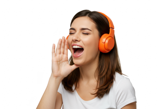 A woman wearing orange headphones, singing loudly with her hand cupped around her mouth, isolated on transparent background