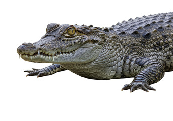 Naklejka premium A closeup profile of a fearsome alligator or crocodile with sharp teeth and scaly skin, isolated on white isolated on transparent background