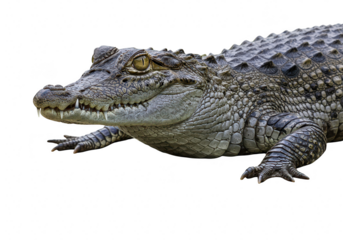 A closeup profile of a fearsome alligator or crocodile with sharp teeth and scaly skin, isolated on white isolated on transparent background