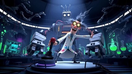 Cartoon Mad Scientist Controlling Robot with Joystick in Laboratory - Powered by Adobe