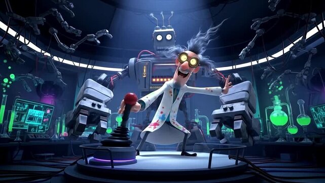 Cartoon Mad Scientist Controlling Robot with Joystick in Laboratory