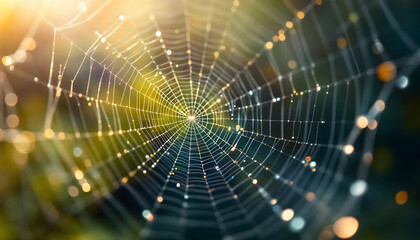 Naklejka premium Spiderweb with Dewdrops Sparkling in Morning Sunlight Close Up