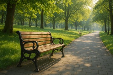 Fototapeta premium Peaceful Park Bench Surrounded by Lush Greenery in Morning Light