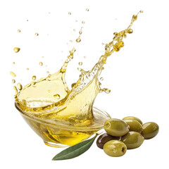 Splashing olive oil on a white background with fresh olives and vibrant splashes contributing to a lively scene