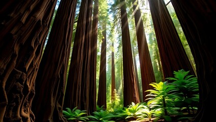 Majestic Redwood Cathedral with Sunlight Rays