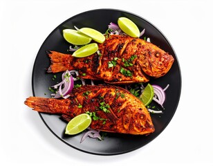Top view of a black plate with grilled whole fish carne roja style, butterflied