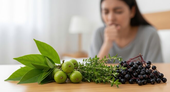 Herbal Remedies for Cough: Vasaka, Pippali, Thyme, Elderberry on Bedside Table