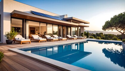 Fototapeta premium Modern villa with pool overlooking landscape
