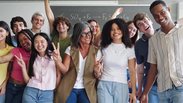Cheerful college students with senior female professor celebrating success together at High School 