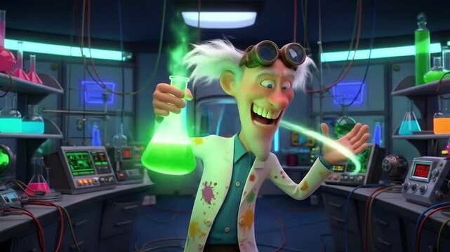 Excited Cartoon Scientist Holding Glowing Liquid in Lab