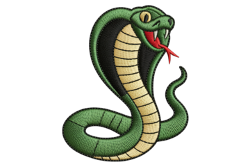 Green cobra striking with red tongue snake black