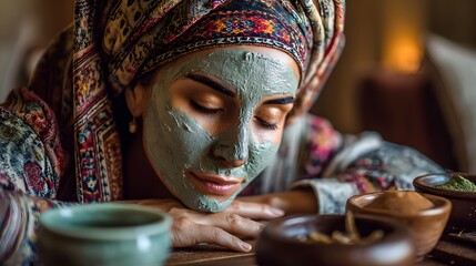Woman with facial mask resting eyes closed on hands with various beauty products
