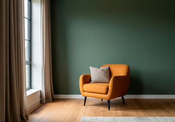 Modern Orange Armchair in Green Room with Window | Ideal for Interior Design, Home Decor, Office Lounge, or Ad Mockup