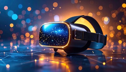 Futuristic VR headset on a reflective surface, illuminated by glowing points of light