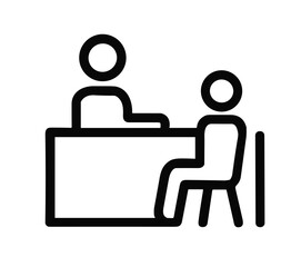 Two people sitting at a desk during a conversation, icon style  