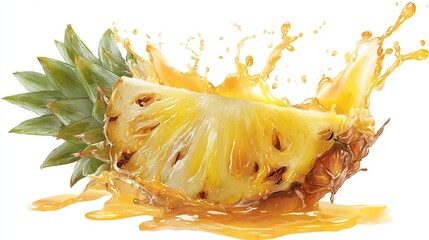 Sliced pineapple splashing juice, cut shows texture, green top