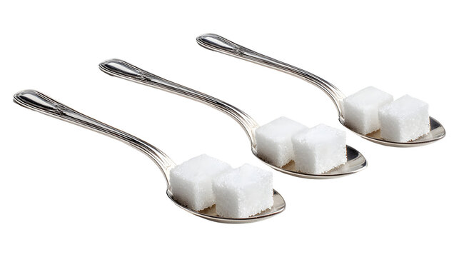Four teaspoons of sugar cubes isolated on a white background
