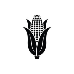 Black corn icon on white background, simple maize silhouette with husk and kernels in minimalist vector style