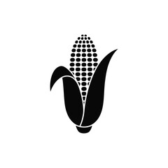 Black corn icon on white background, simple maize cob silhouette with husk, minimal agricultural vector design