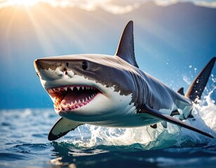 Naklejka premium Powerful shark leaping out of the ocean