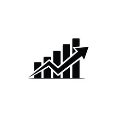 Black upward growth chart icon with arrow and bar graph on white background representing business success and financial progress