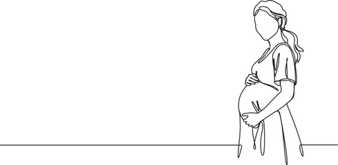 continuous single line drawing of happy pregnant woman holding her belly, line art vector illustration
