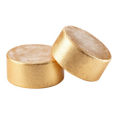 Two golden round decorative objects isolated on transparent background cutout