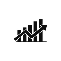 Black upward trending arrow and bar chart icon symbolizing growth, success, and financial progress on white background