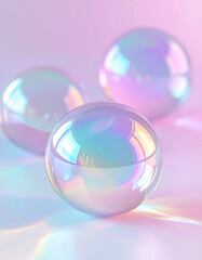 Three iridescent spheres in pastel tones, glossy bubbles, balls.