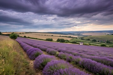 Expansive lavender fields under dramatic skies with rolling hills in the background at sunset