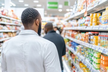 Diverse customers exploring vibrant grocery store aisle filled with colorful products