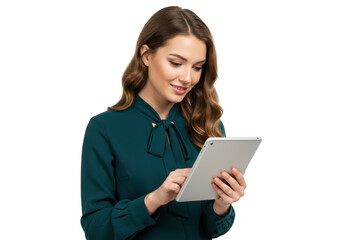 A young woman with brown hair and glasses uses a tablet computer, isolated on a transparent background