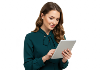 A young woman with brown hair and glasses uses a tablet computer, isolated on a transparent background