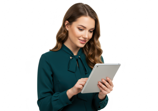 A young woman with brown hair and glasses uses a tablet computer, isolated on a transparent background