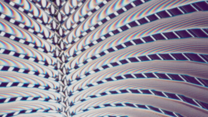 Symmetrical abstract pattern with rainbow chromatic lines and optical distortion. Geometric digital design with futuristic glitch texture.