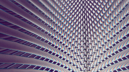 Futuristic abstract background with chromatic arcs and symmetrical glitch effects. Colorful light distortion with geometric repetition.