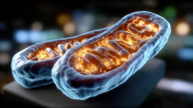 Cellular matrix design: bioenergetic organelle, crista line, powerhouse architecture, glowing segment, energy cluster, mitochondria center, dynamic shell, structural bend, microscopic zone