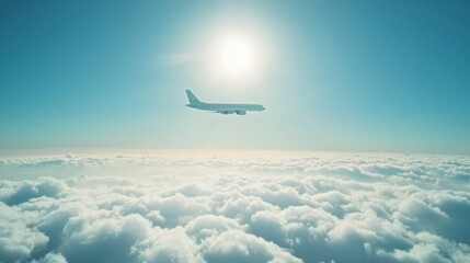 Airplane flying above fluffy clouds, sunlight.